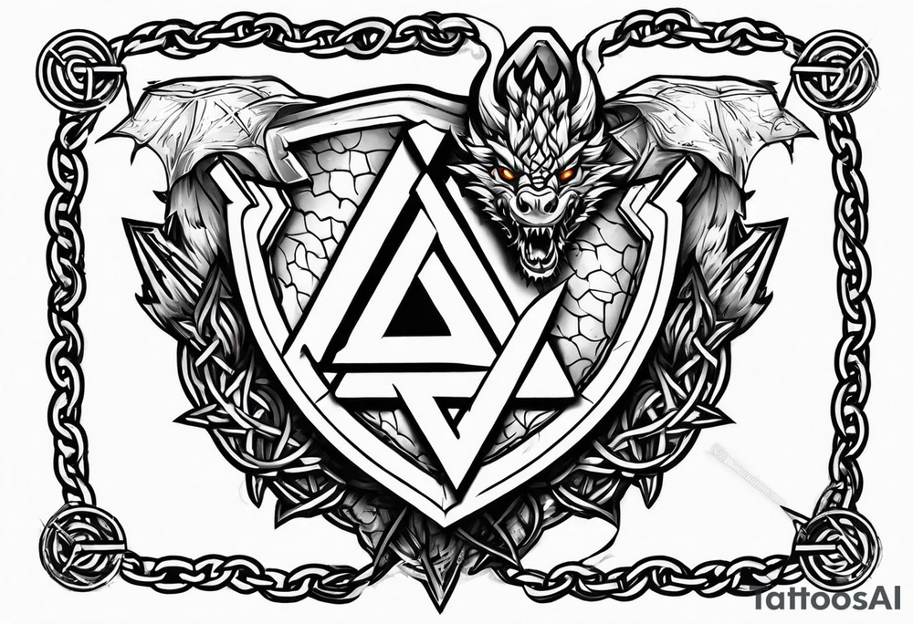 Valhalla sword shield dragon axe barbed wire chains valknut fire tattoo idea Valhalla sword shield dragon axe barbed wire chains valknut fire tattoo idea