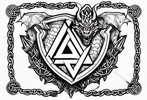 Valhalla sword shield dragon axe barbed wire chains valknut fire tattoo idea