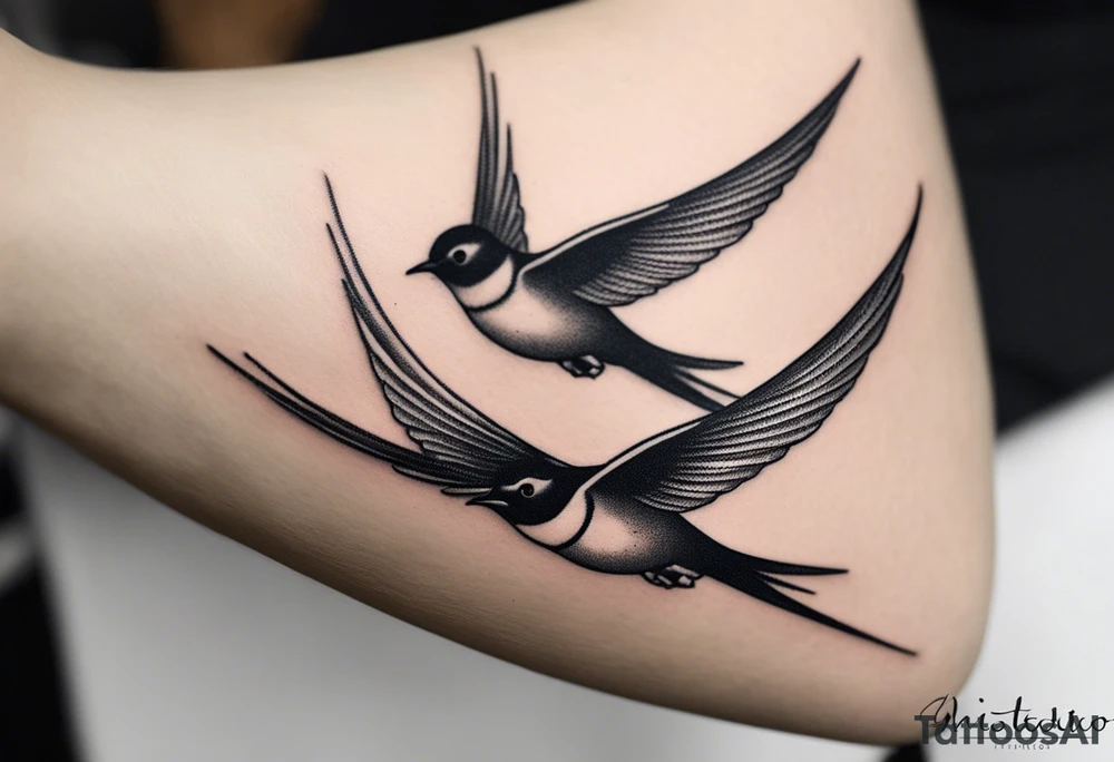 Design a forearm tattoo featuring a minimalist swallows in flight, symbolizing freedom and new beginnings tattoo idea