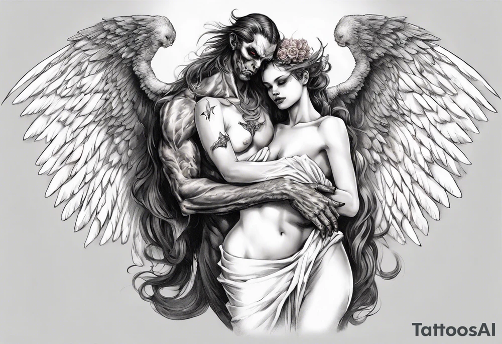 Demon holding an angel around her waist with her halo in his hands. He has angel wings, she has demon wings. tattoo idea