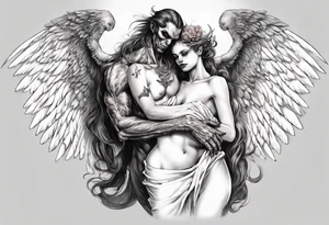 Demon holding an angel around her waist with her halo in his hands. He has angel wings, she has demon wings. tattoo idea