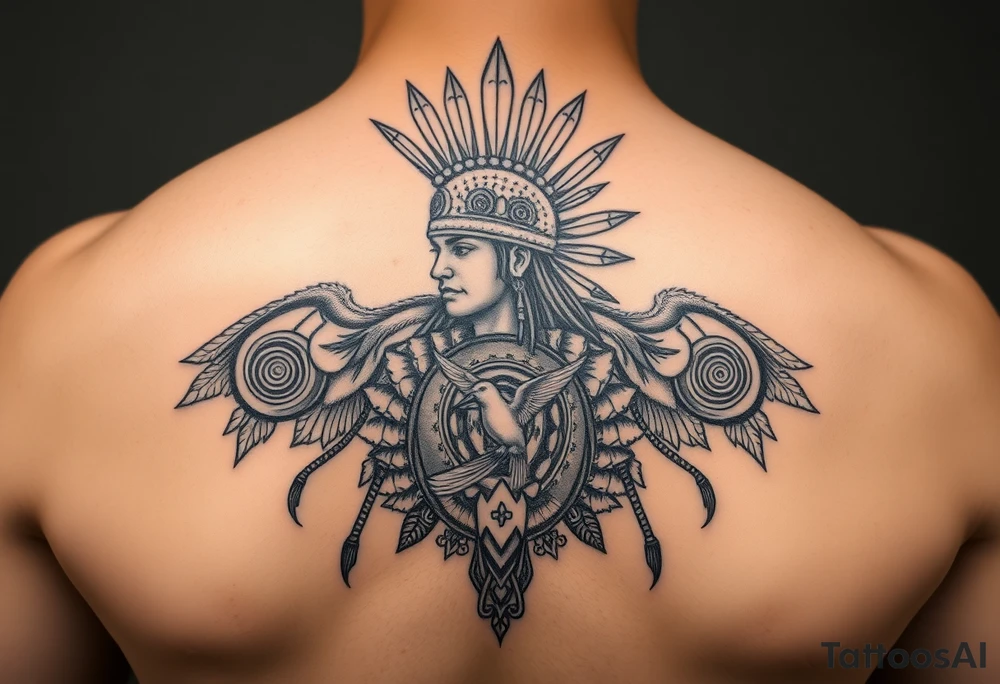 Purepecha warrior surrounded by purepecha symbols with hidden hummingbird tattoo idea