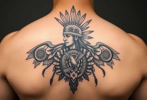 Purepecha warrior surrounded by purepecha symbols with hidden hummingbird tattoo idea