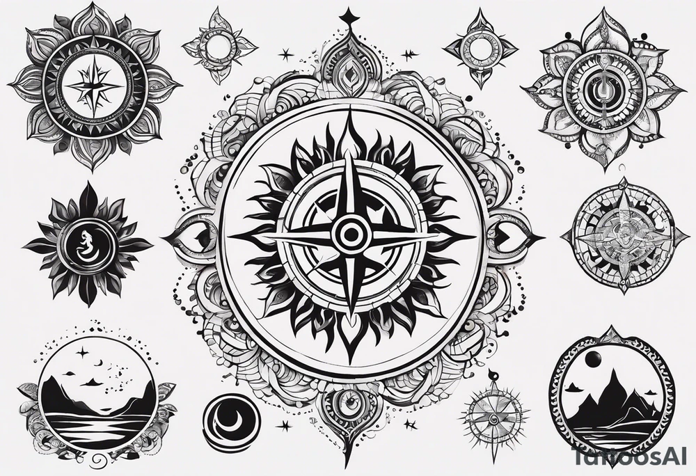 incorporating symbols of travel like a compass or a world map, alongside imagery that represents joy and happiness, such as a smiling sun or playful clouds? These elements can complement Lord Shiva in a dynamic and uplifting tattoo design, reflecting your adventurous spirit and positive outlook on life. tattoo idea