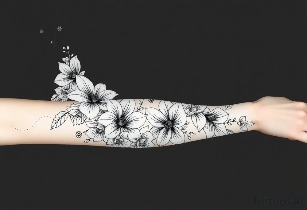 floral composition for sleeve of lycoris flowers with japanese vibe, mutiple ornemental patern and leaf, dot geometric ornement, tattoo idea