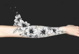 floral composition for sleeve of lycoris flowers with japanese vibe, mutiple ornemental patern and leaf, dot geometric ornement, tattoo idea