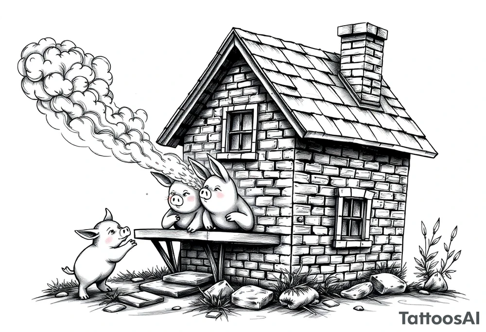Brick house being blown off 3 little piggy's by a big bad wolf tattoo idea