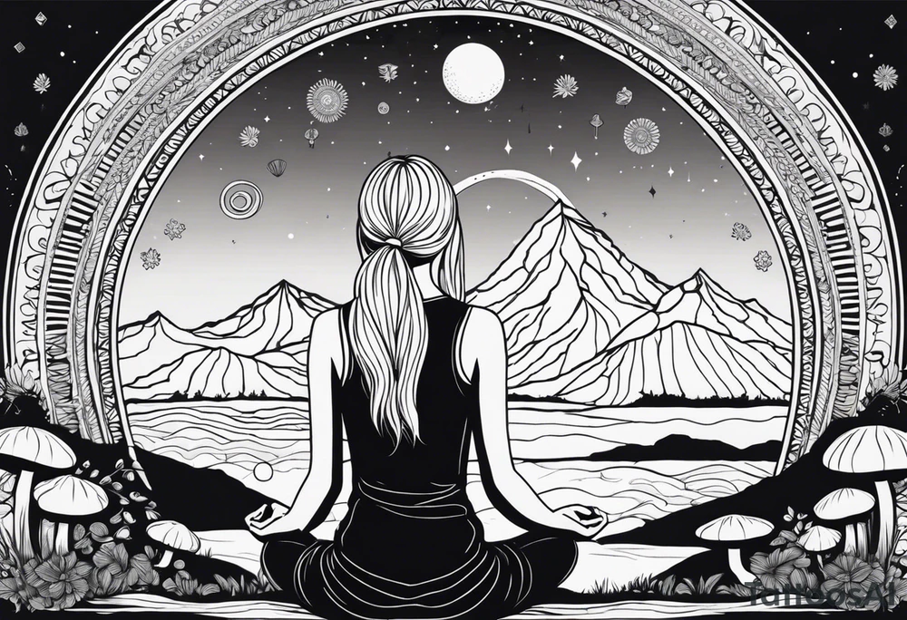 Straight blonde hair girl meditating facing away toward mountains surrounded by mushrooms crescent moon mandala circular design black and white striped dress tattoo idea