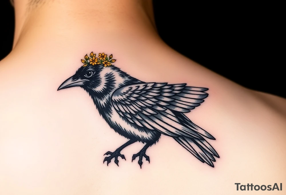 Crow with yellow flower crown and broken wing tattoo idea