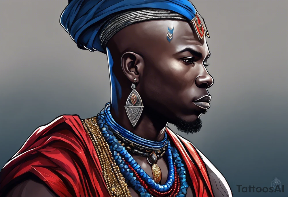 Black-skinned bald african warrior. He wears a simple and small silver crown. He uses blue and red necklaces tattoo idea