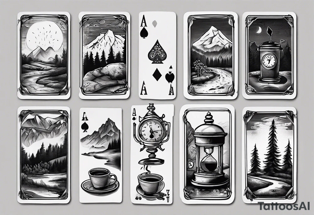 mokka coffee
Old clock at 9:44pm
a landscape Forest and mountain
Game of 4 poker cards tattoo idea