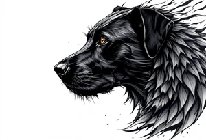 a creature that looks strongly like a black Labrador and a black German Shepard , resembling  Anubis, looking back, serious and daring tattoo idea