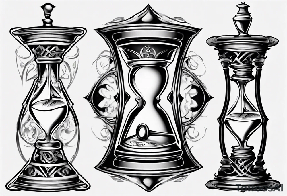 hourglass in the shape of a chess peace with filagree in the background tattoo idea
