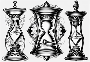 hourglass in the shape of a chess peace with filagree in the background tattoo idea