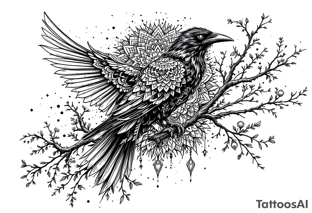 left arm tattoo of a raven mandala on a branch surrounded by mandala tattoo idea