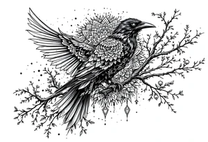 left arm tattoo of a raven mandala on a branch surrounded by mandala tattoo idea