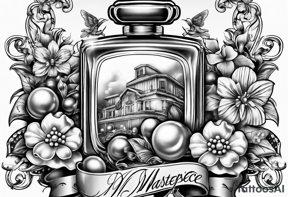 Pearl necklace wrapped around 1950s perfume bottle with flowers and bows surrounding tattoo idea