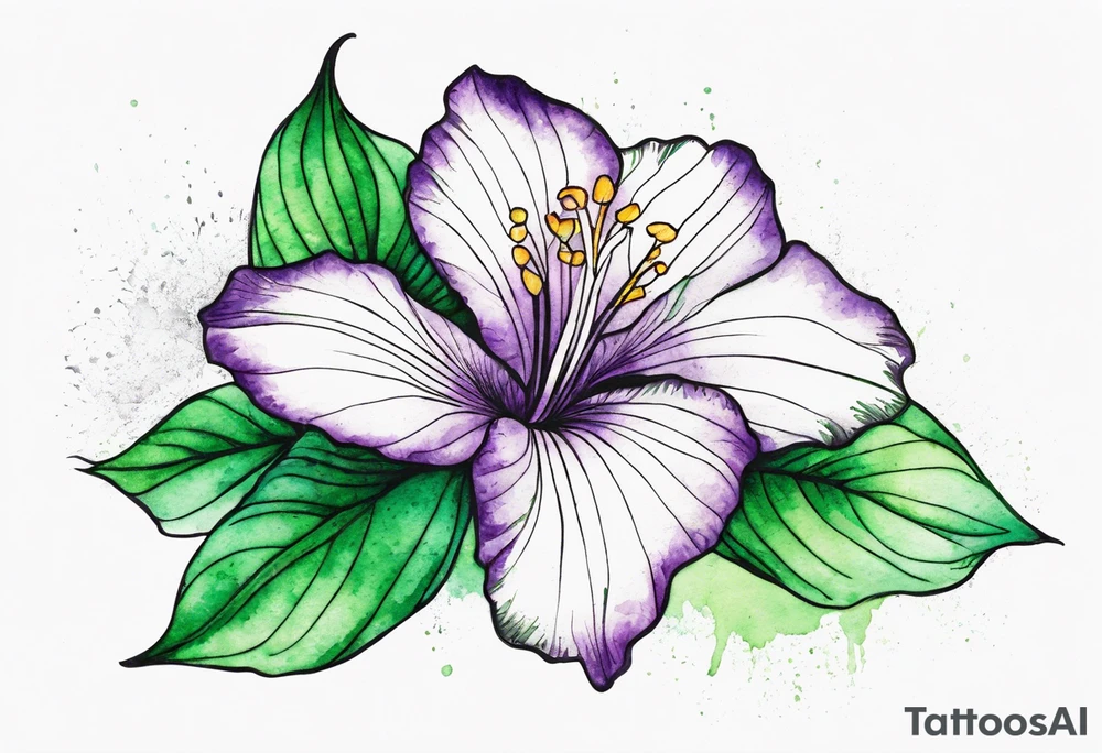 An outline of a rio dipladenia flower with a green and purple watercolor background tattoo idea