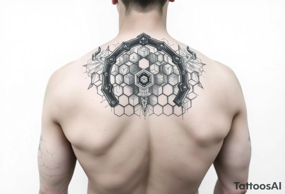 design a full sleeve tattoo that consists of a base layer of abstract hexagon pattern overlaid with a little blackwork abstract while incorporating the top tattoo and integrating slight biomech designs tattoo idea