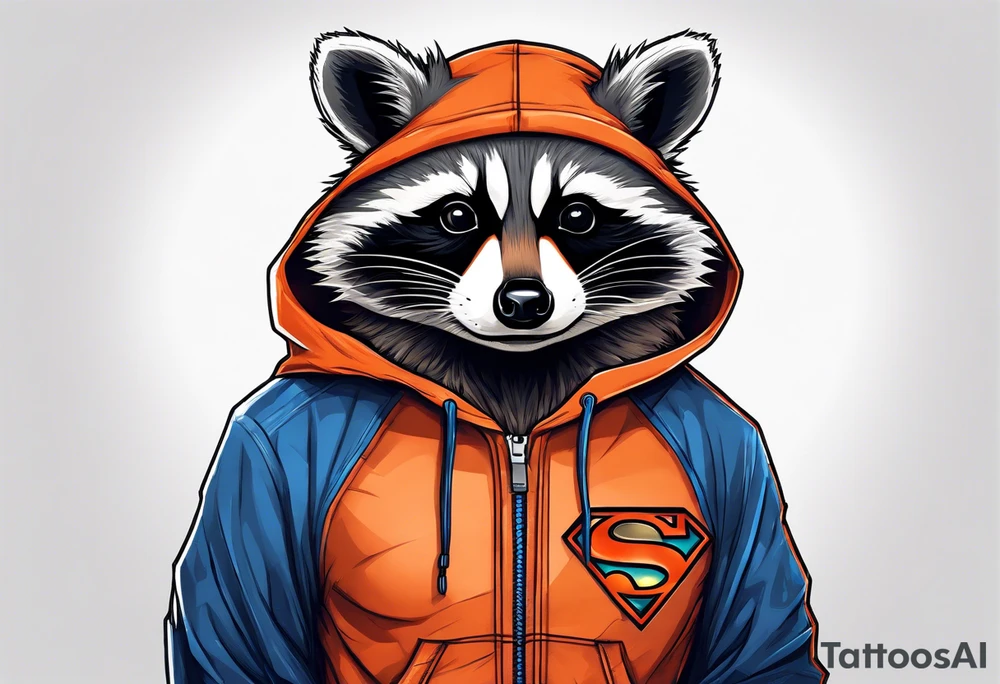 Raccoon wearing an orange Superman hoodie tattoo idea