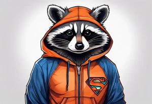 Raccoon wearing an orange Superman hoodie tattoo idea