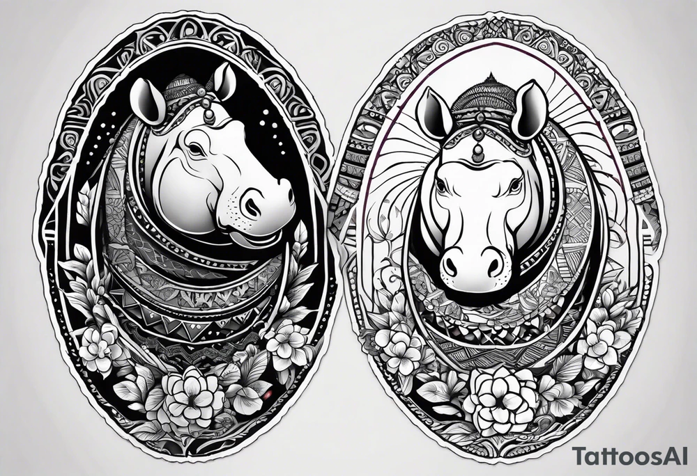 A foot long 2.5inches wide portrait orientation tattoo, containing a detailed hippo head with tribal patterns in the middle, a full moon on the upper side, and some wintersweet flowwer on the bottom side, these three components are connected with arches, lines, little geometric patterns, the lines will ne fine and narrow tattoo idea