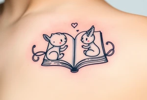 An open book with fantasy creatures tattoo idea
