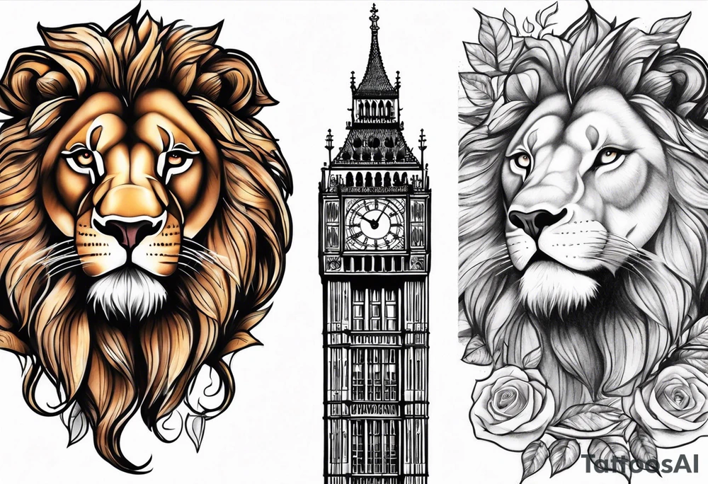 a lion rose and Big Ben hand tattoo tattoo idea