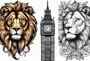 a lion rose and Big Ben hand tattoo tattoo idea