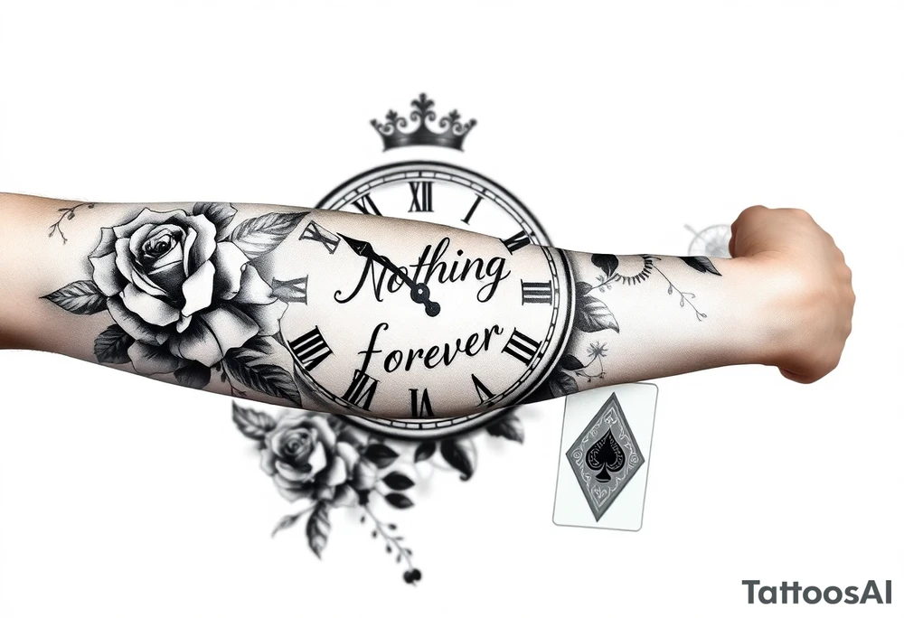 Roman clock with roses and a crown, a quote that says nothings forever. and on the bottom a deck of cards tattoo idea