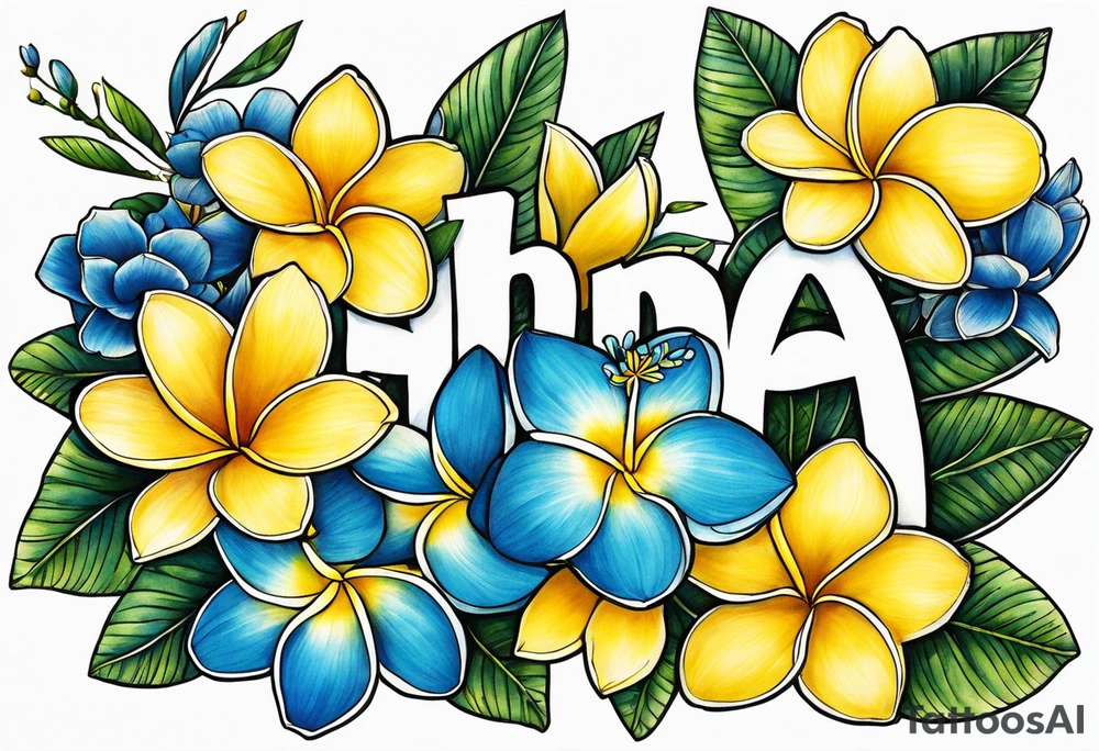 The word ohana, two blue plumerias, two yellow plumerias tattoo idea