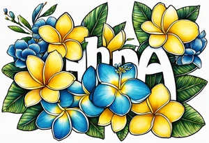 The word ohana, two blue plumerias, two yellow plumerias tattoo idea