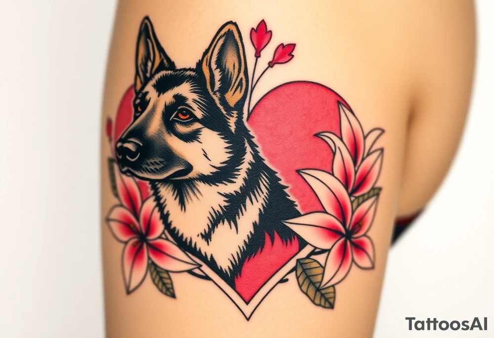 strong looking short haired german shepherd with alert ears surrounded by pink lilies with large leaves in front of a sacred heart tattoo idea