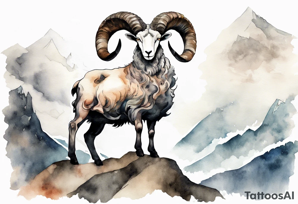 a solitary muscular man with the head of a big-horned sheep, with the feet of a sheep, on a mountain tattoo idea
