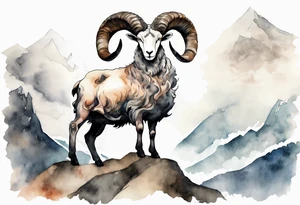 a solitary muscular man with the head of a big-horned sheep, with the feet of a sheep, on a mountain tattoo idea