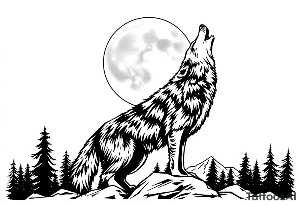 lone wolf howling at full moon with northern lights backdrop tattoo idea