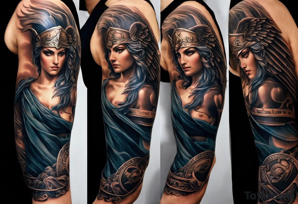 A full tattoo sleeve inspired by Greek mythology, featuring a powerful and masculine design. The sleeve includes a depiction of the Greek goddess Athena, portrayed with a strong and authoritative presence, symbolizing wisdom and strength. However, she is not the main focal point. The centerpiece is a dramatic image of a fallen angel, wings outstretched as it descends, symbolizing struggle and redemption. The design is bold, with sharp contrasts and clean lines, emphasizing the dynamic movement of the falling angel. Surrounding these figures, incorporate a mandala effect with geometric patterns that add a sense of order amidst the chaos. Additional elements such as an owl with fierce eyes, a warrior's helmet, and olive branches are woven throughout, adding depth and reinforcing the mythological theme. The overall aesthetic is intense and rugged, blending elements of power, wisdom, and fallen glory into a cohesive, masculine design. tattoo idea