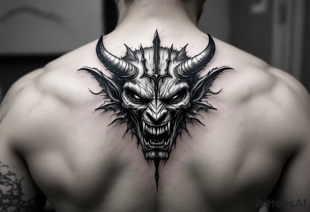 scary demon face with trident tattoo idea