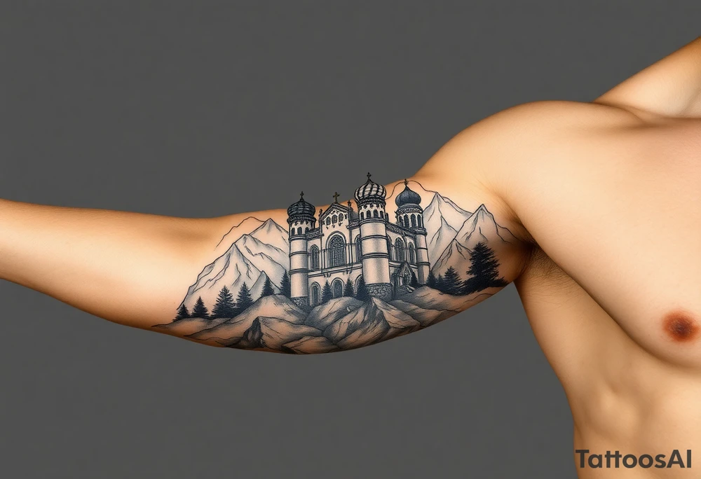 russian orthodox christian left arm tattoo with st basils cathederal in a mountainous setting with a russian coat of arms tattoo idea