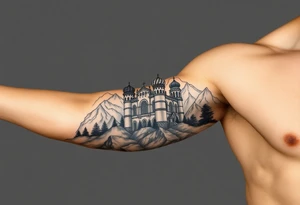 russian orthodox christian left arm tattoo with st basils cathederal in a mountainous setting with a russian coat of arms tattoo idea