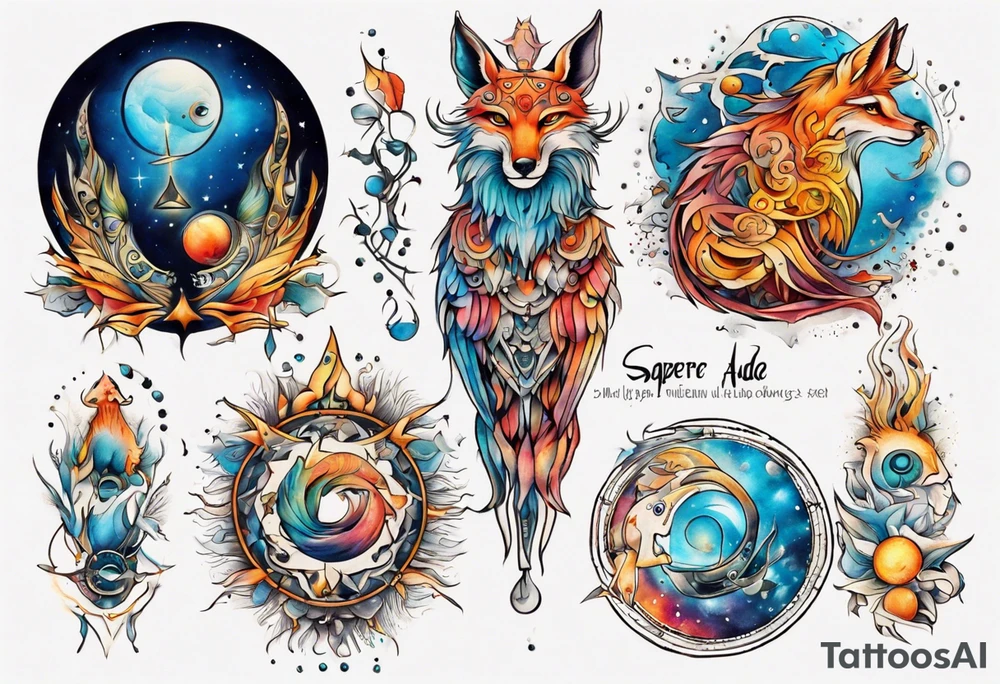 fisch, fuchs und eule , symetrie  sonne, universum, bunt, " sapere aude" tattoo idea