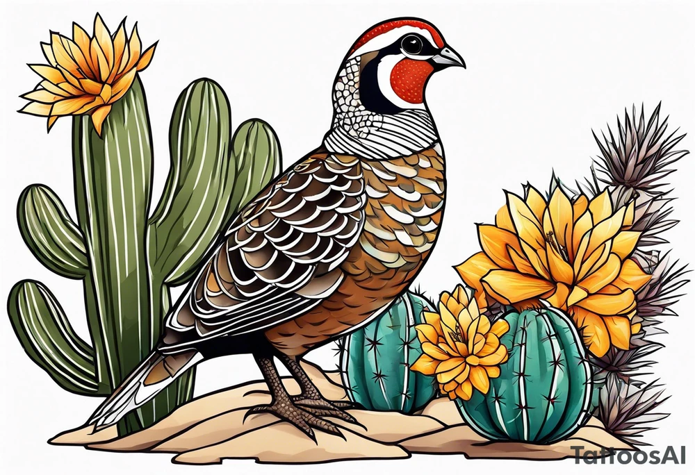 Three quails, desert flowers, cactus tattoo idea