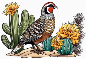 Three quails, desert flowers, cactus tattoo idea