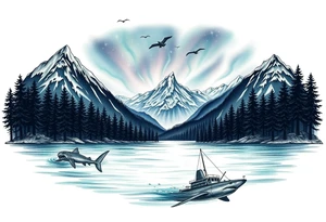 forest mountains under the northen lights with sharks and shipwrecks. Contain everything in the shape of Africa tattoo idea