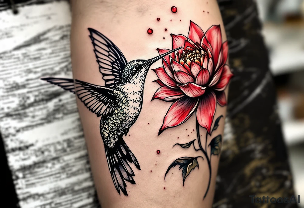 a hummingbird drinking from an egyptian lotus (red and black) tattoo idea