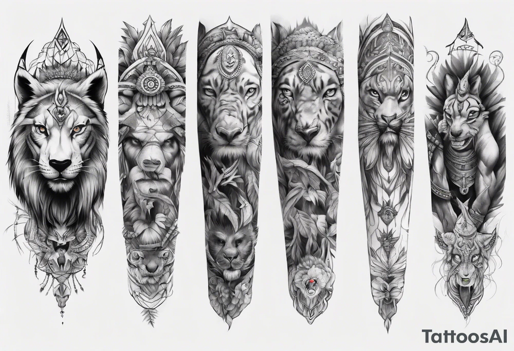 indian realistic leg sleeve with maybe some animals evil looking tattoo idea