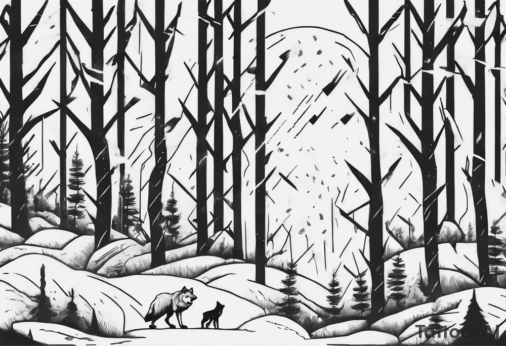 a thunder and lightning storm over a forest with a distant wolf howling and a drums tattoo idea a thunder and lightning storm over a forest with a distant wolf howling and a drums tattoo idea