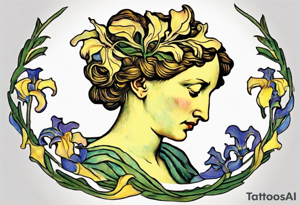 Create a colorful Vincent van Gogh Irises tattoo with an ancient Greek female statue in the middle. The tattoo should take the form of a crescent, with vines gracefully intertwining at a central point in the middle of the wreath.  The intended placement is on the upper chest. The overall design should be small in size while maintaining a delicate and artistic aesthetic. Pay attention to the graceful flow of the vines and the placement of the irises to achieve a refined and elegant look. tattoo idea