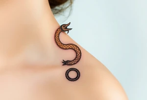 A celestial Ouroboros with shimmering golden and silver patterns, embedded with tiny constellations across its body. tattoo idea