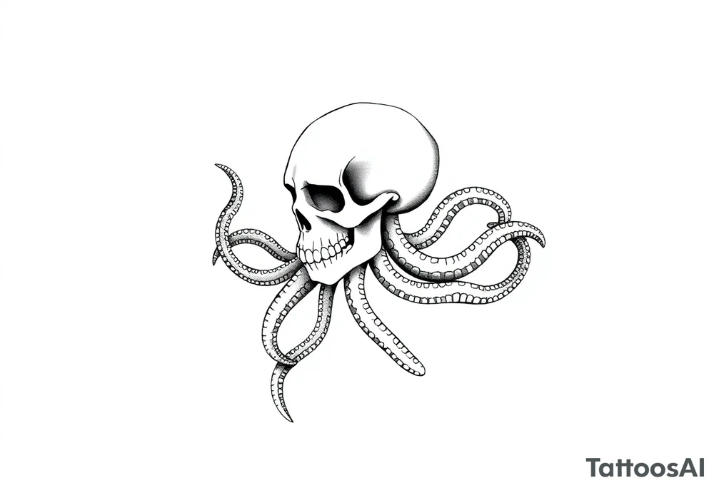 A minimalist blackwork tattoo design of a kraken with a skull fused into its head. The kraken is viewed from a 45-degree angle facing left, with its head centered and occupying 90% of the height of the head portion of the design. The tentacles extend only to the left and right, with none going downward beneath the head. The tattoo is designed to flow from the inner bicep into the forearm, creating a balanced and dynamic composition. The style is clean, fine-line detailing with bold outlines, avoiding heavy shading. The tentacles should be fluid, aggressive, and striking, enhancing the menacing and eerie look of the kraken while maintaining a cohesive design for a tattoo sleeve. tattoo idea